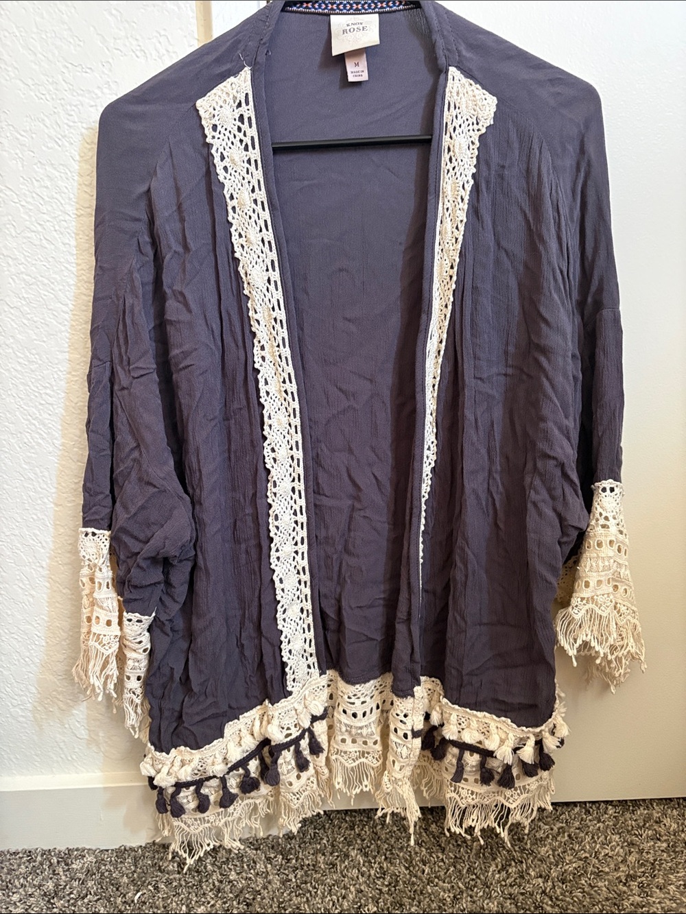 Knox Rose Navy Open-Front Kimono with Cream Crochet Trim